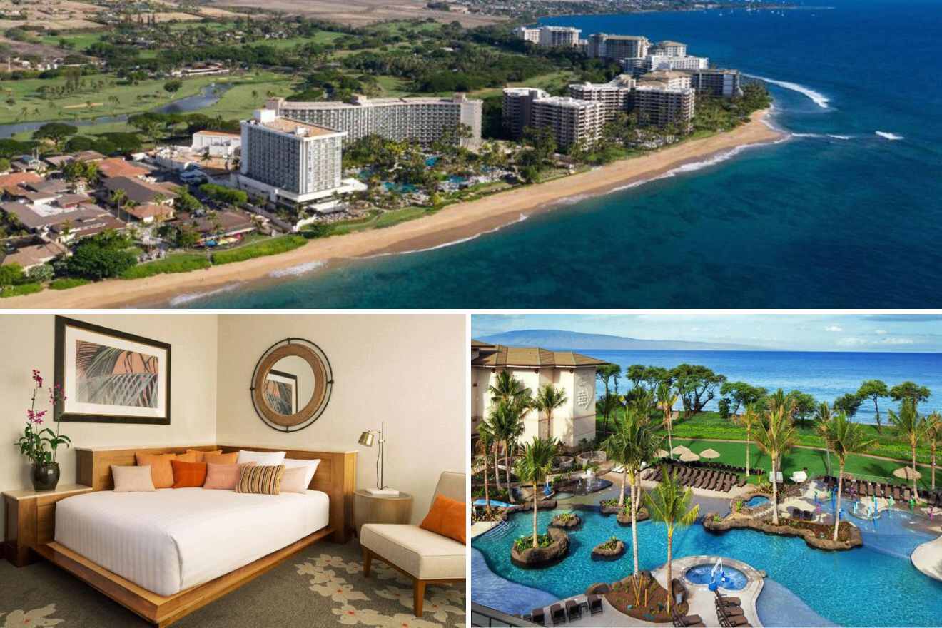 A collage of three photos: aerial view of resort, bedroom, and aerial view of outdoor pool