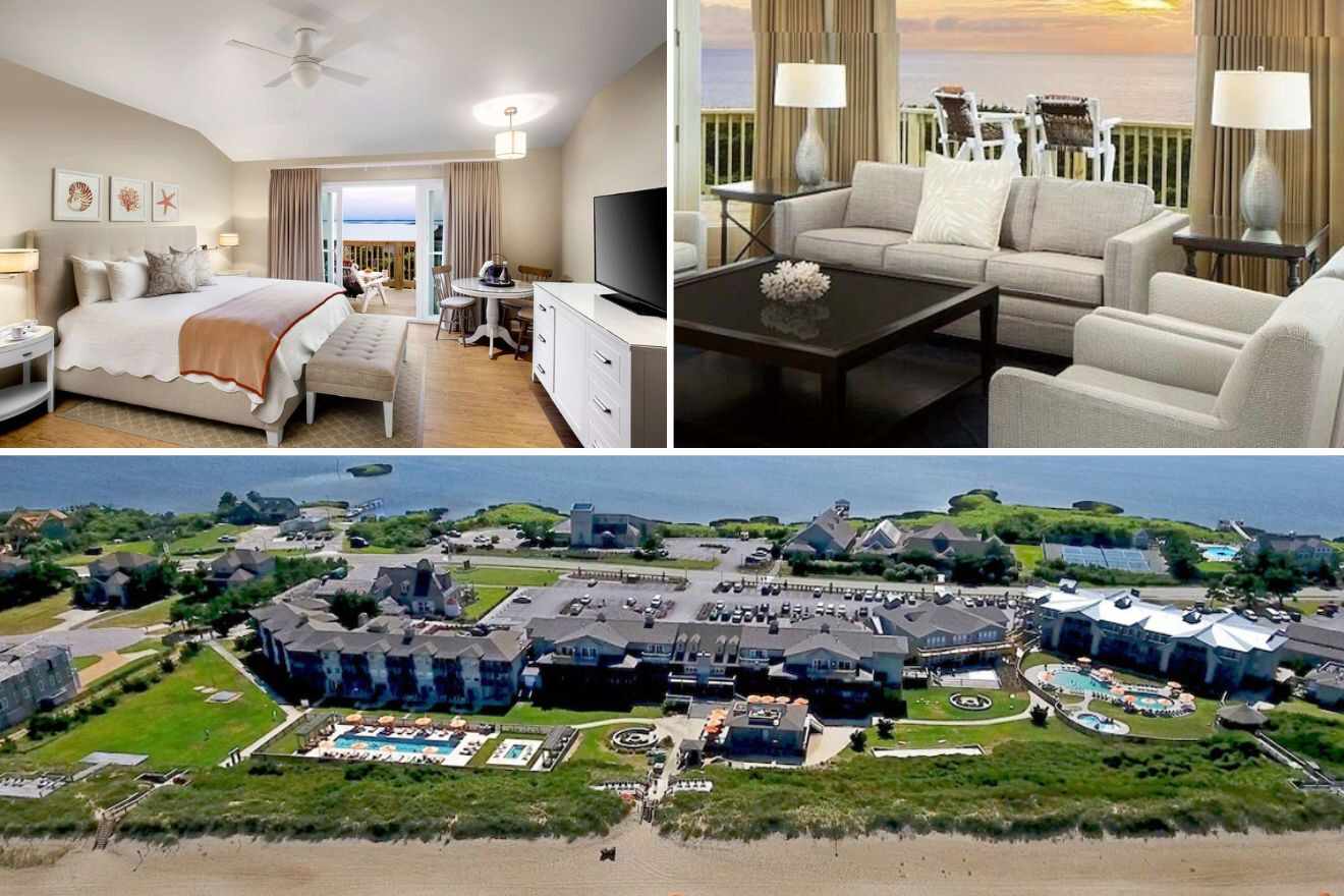 collage of 3 images with bedroom, lounge and aerial view of the resort