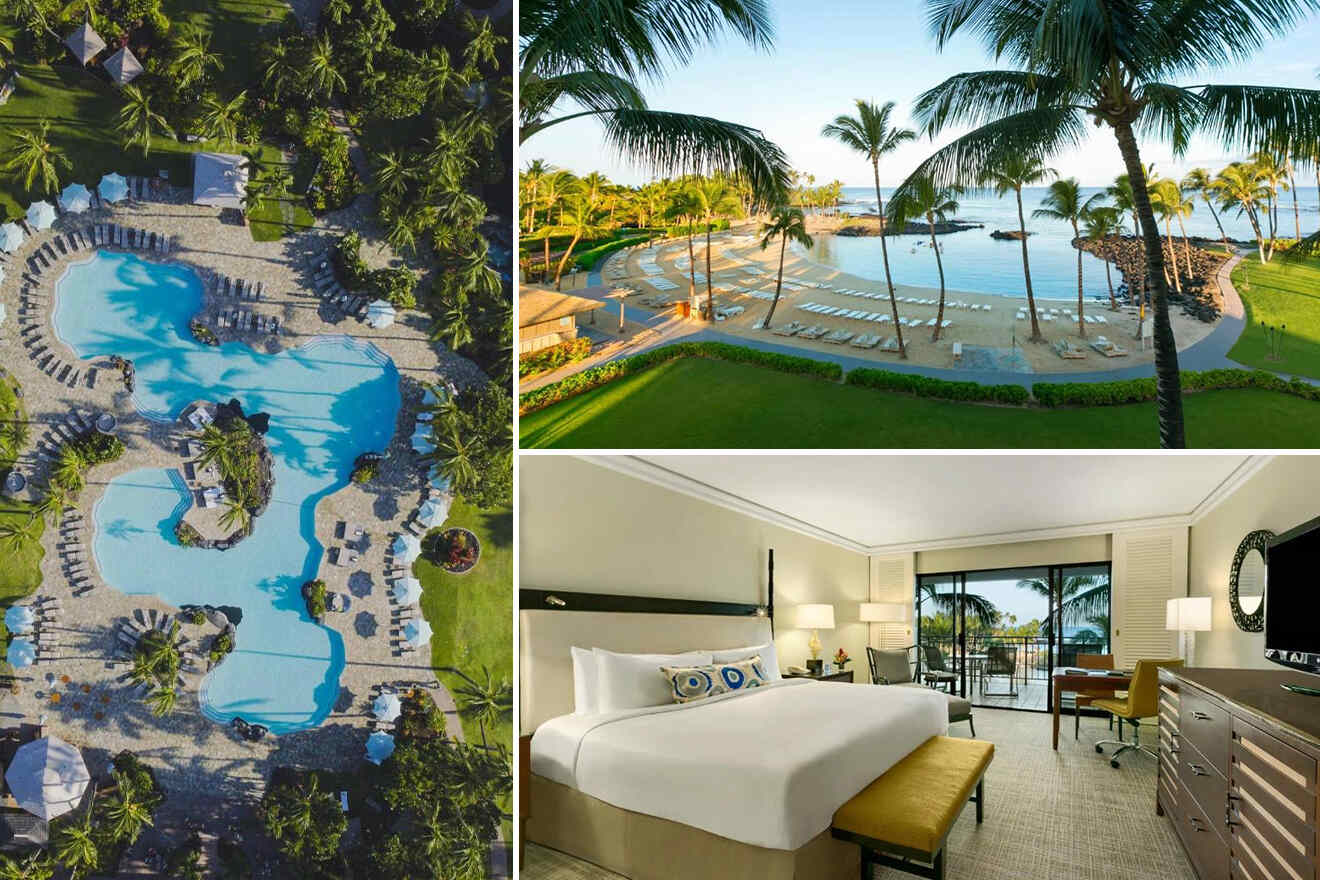 a collage of three photos: aerial view of pool, view of beach, and bedroom