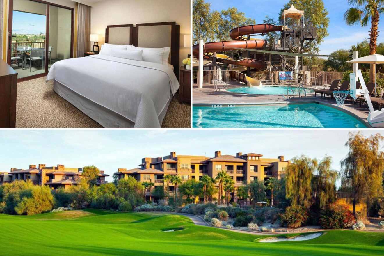 a collage of three photos: bedroom, outdoor pool with water slides, and view of the exterior of the hotel