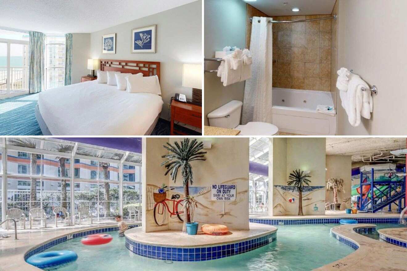 collage of 3 images with swimming pool, bedroom and bathroom