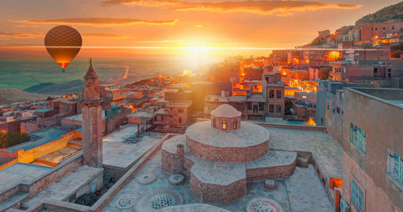 View of sunset and hot air balloomn from the Great Mosque in Madrin