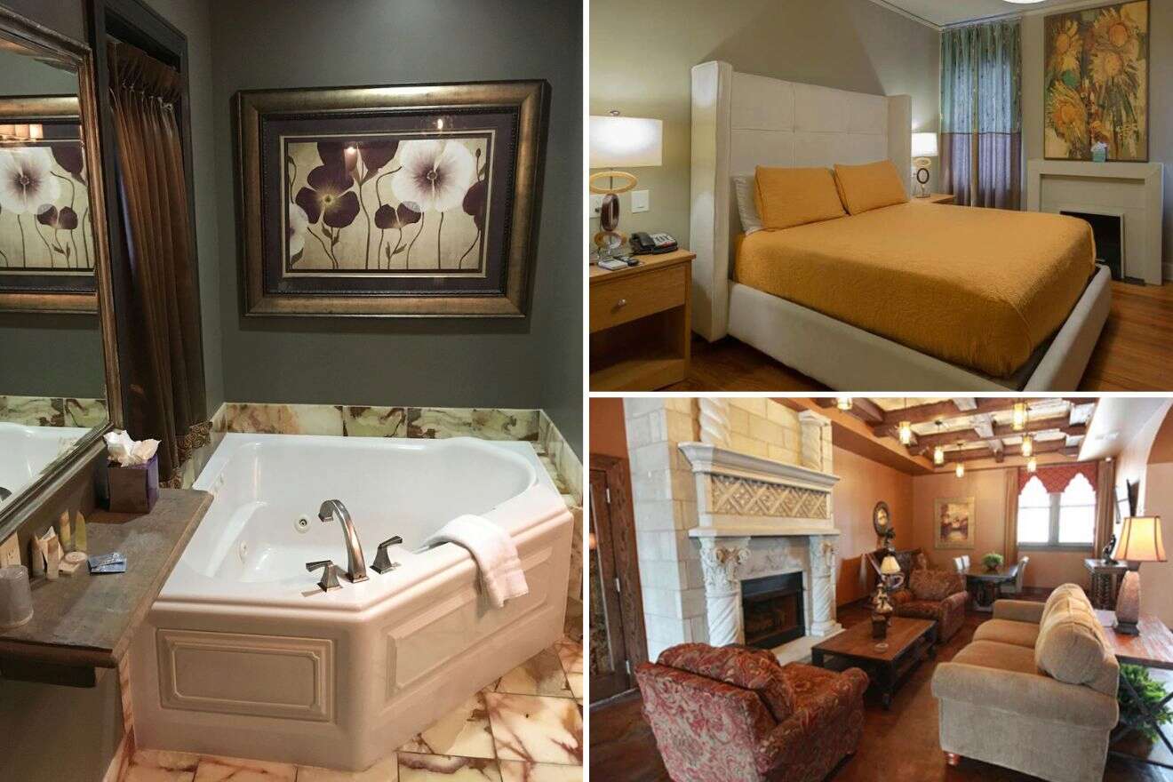 A collage of three photos: jacuzzi in the room's bathroom, bedroom, and lunge area with fireplace