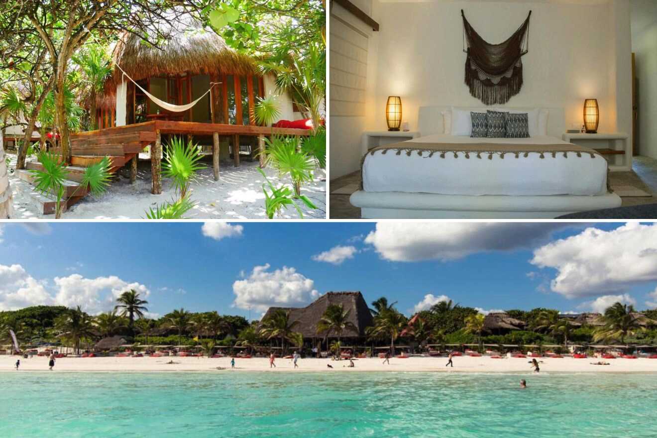 a collage of three photos: view of the exterior of the cottage, bedroom, and view of the hotel from the ocean