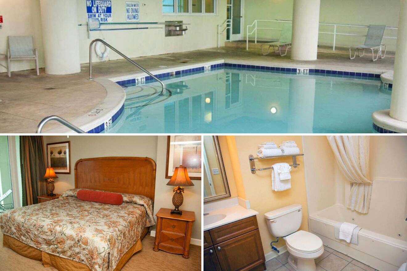 collage of 3 images with swimming pool, bedroom and bathroom