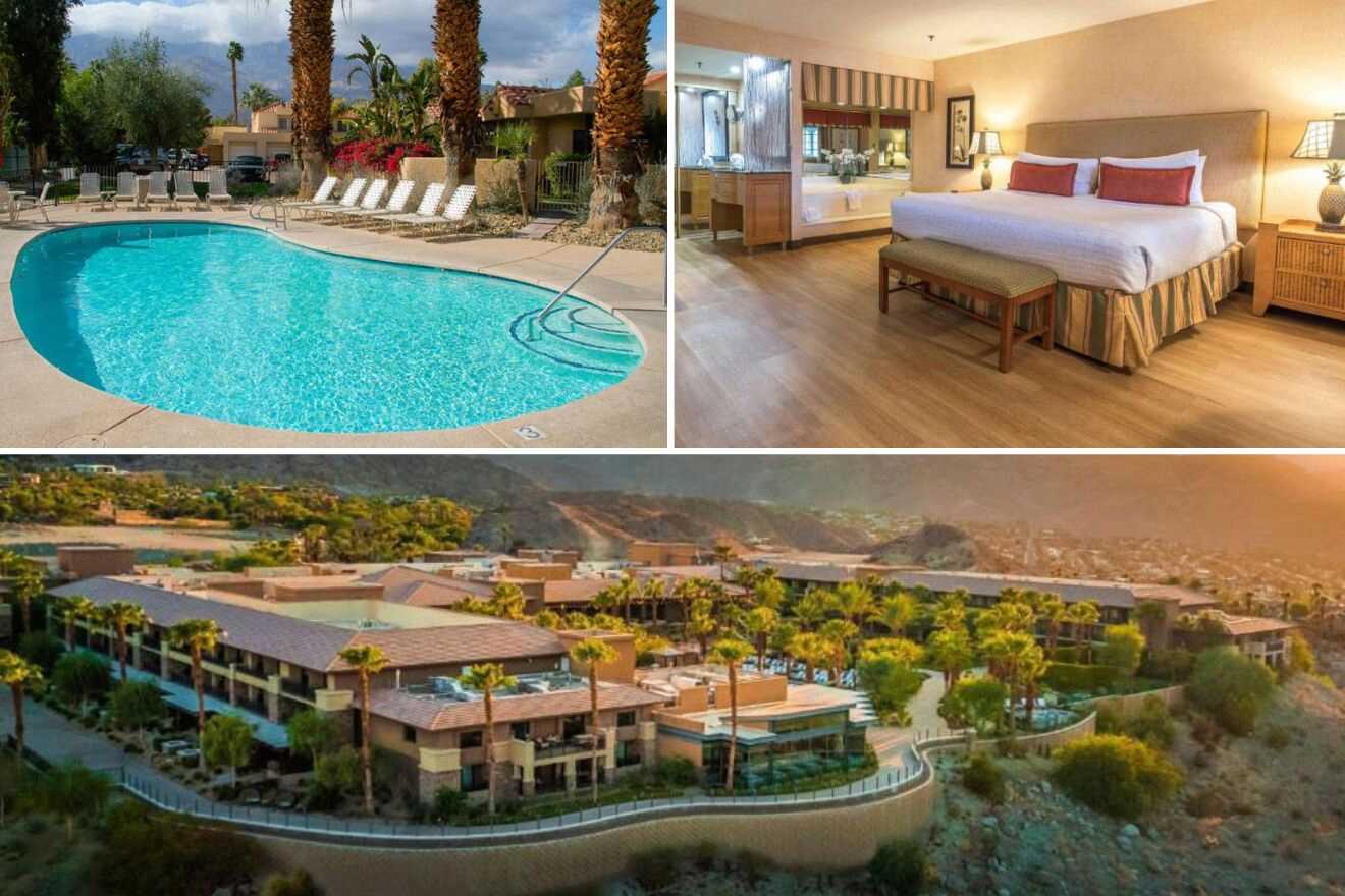 a collage of three photos: outdoor pool, bedroom, and aerial view of the hotel