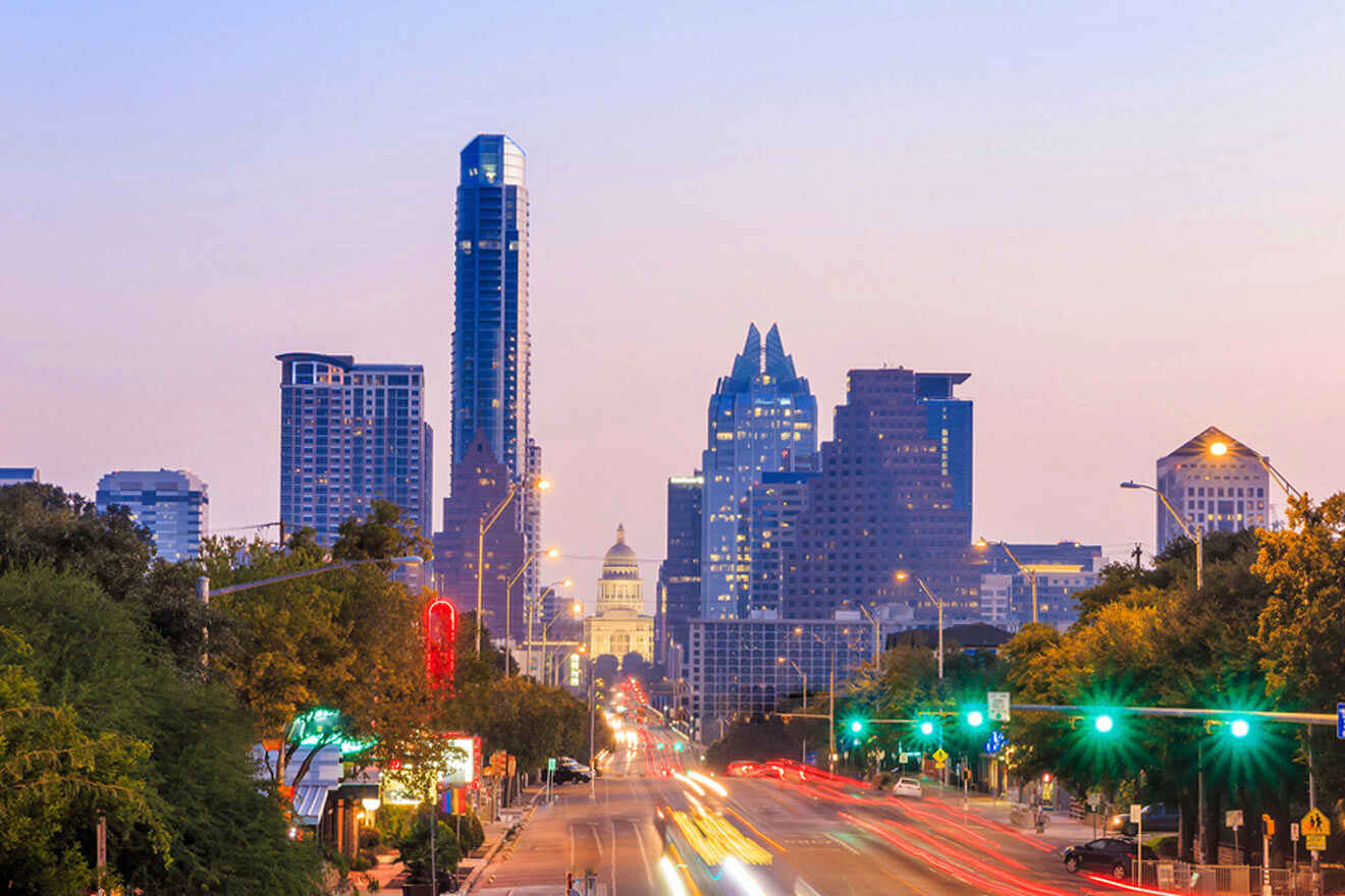 sunset in Austin - view over the main road and tall buildings in the background