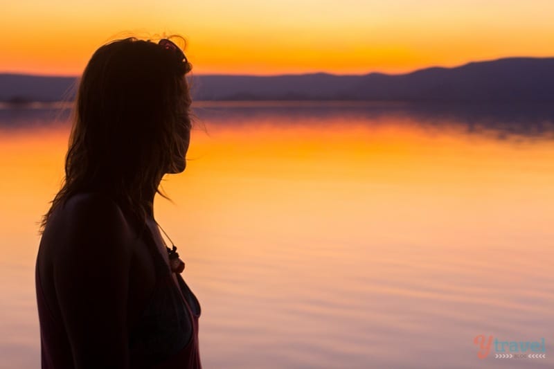 caroline looking at lake argyle sunset