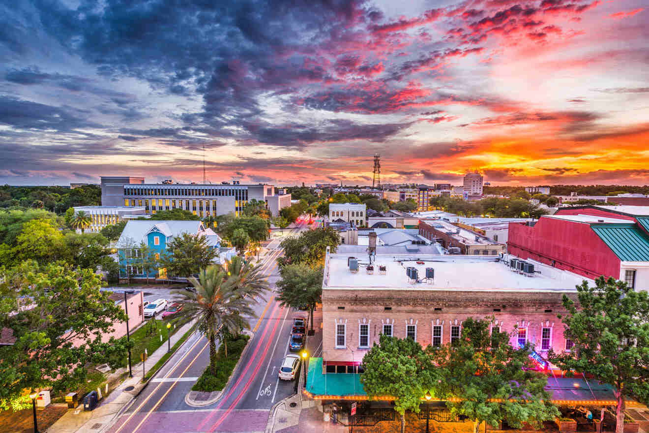 Aerial view of Gainesville at sunset