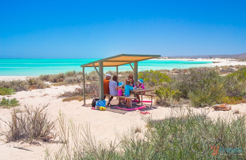 people sitting at a picnic table on the beach