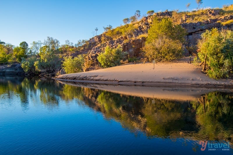 A body of water surrounded by trees