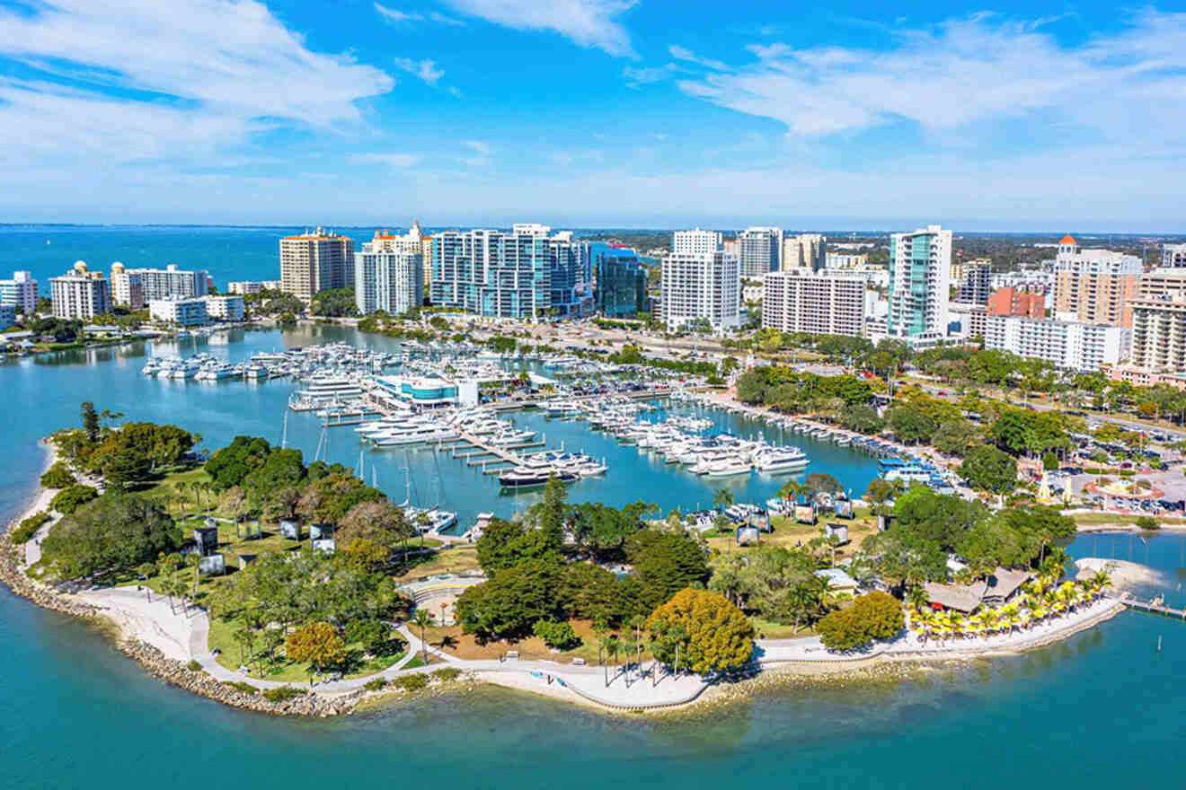 aerial view over Sarasota beach and bay