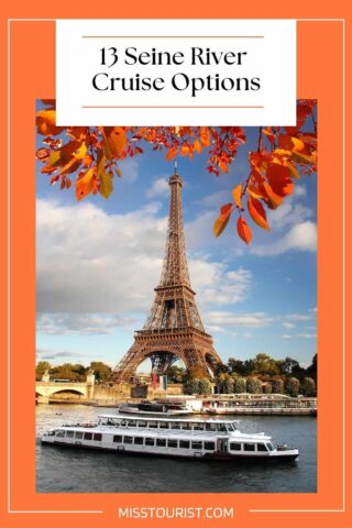 cruise boat on Seine and Eiffel Tower in the background