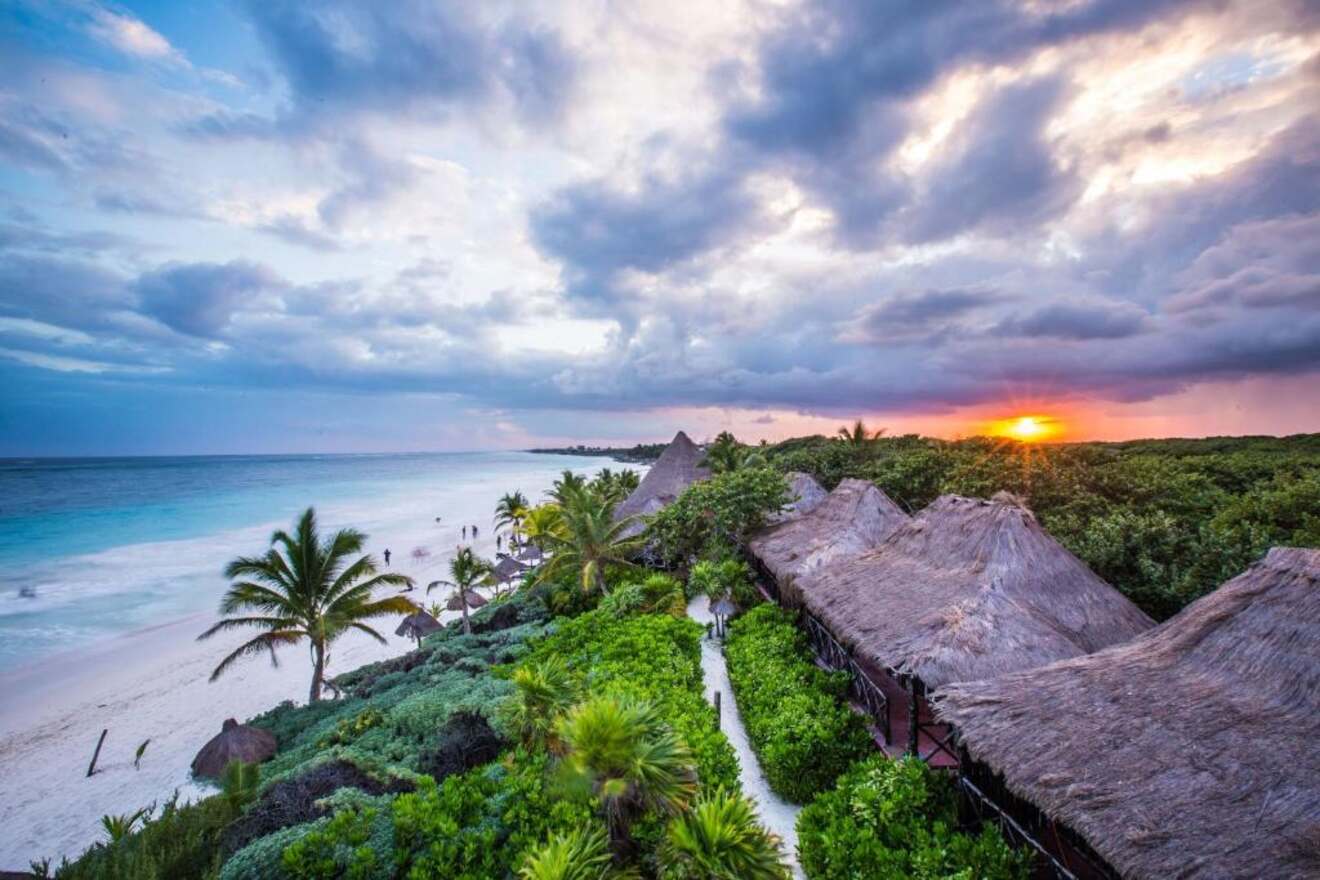 aerial view of a hotel on the beach in Tulum at sunset