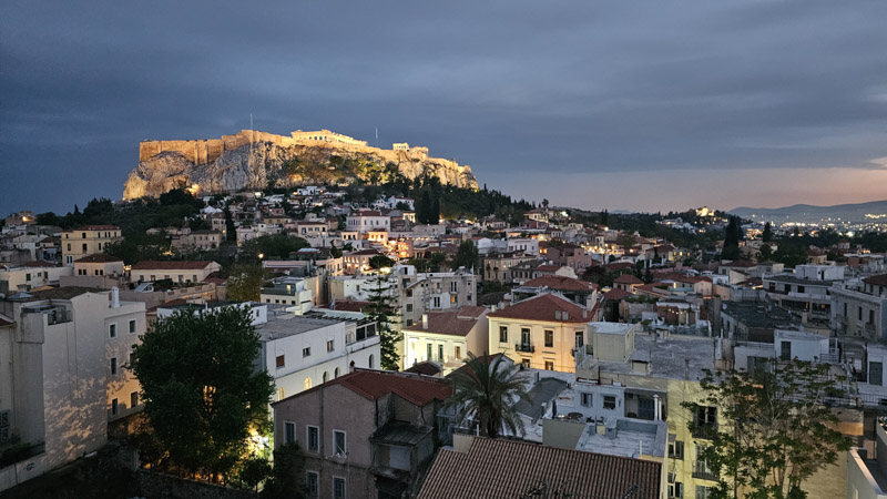 acropolis lit at night