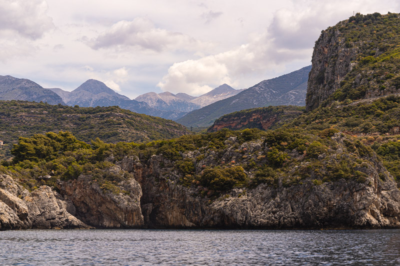 rugged coastline of kardamyli with Taygetos mountain