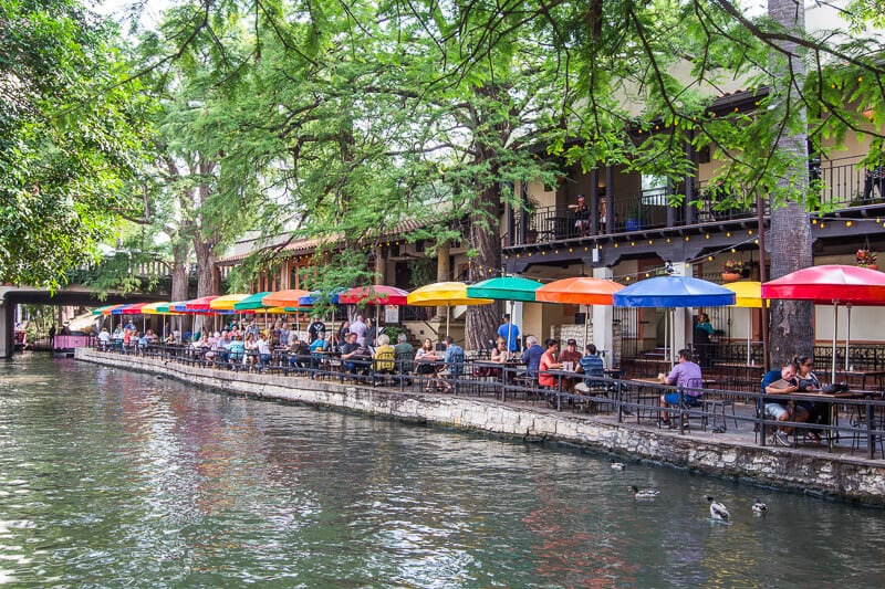 restaurant lined along  san antonio river walk texas