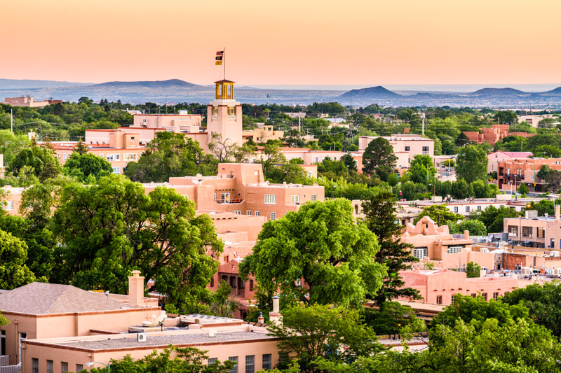 Santa Fe, New Mexico, USA downtown skyline at dusk.