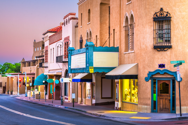 Santa Fe, New Mexico, USA streets at dusk.