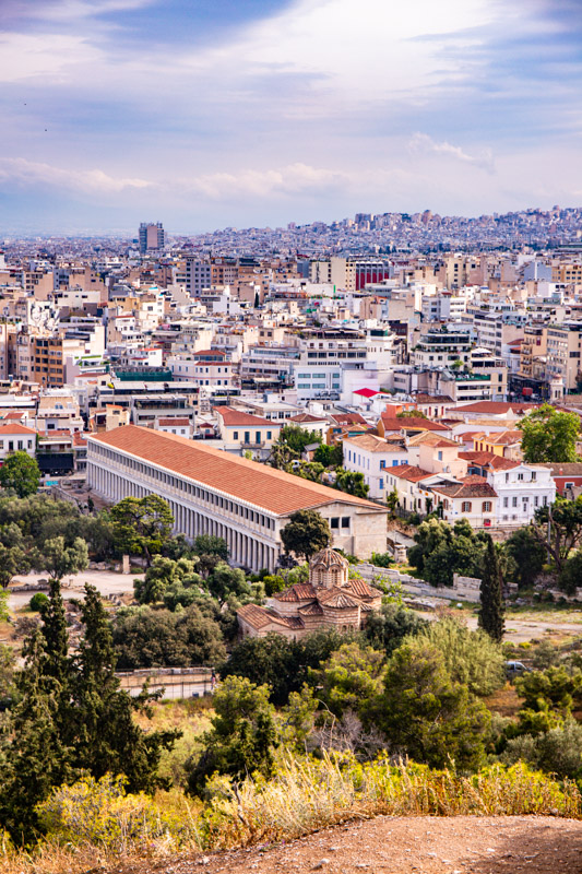 looking over the large rectangular building of the stoa attalos athens