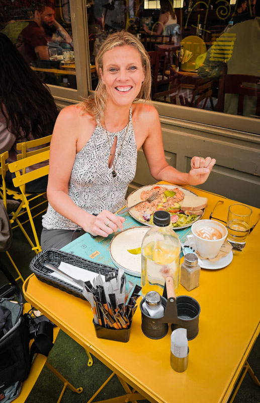 caz sitting at the table at Brunchers