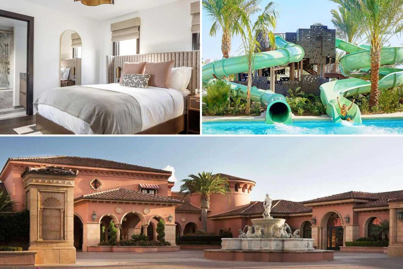 Collage of three hotel pictures: bedroom, waterslide, and hotel exterior