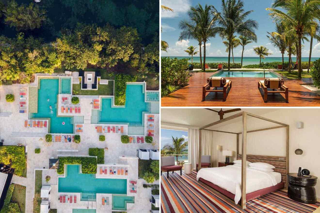 Collage of three hotel pictures: aerial view of the hotel pools, outdoor pool with ocean view, and bedroom