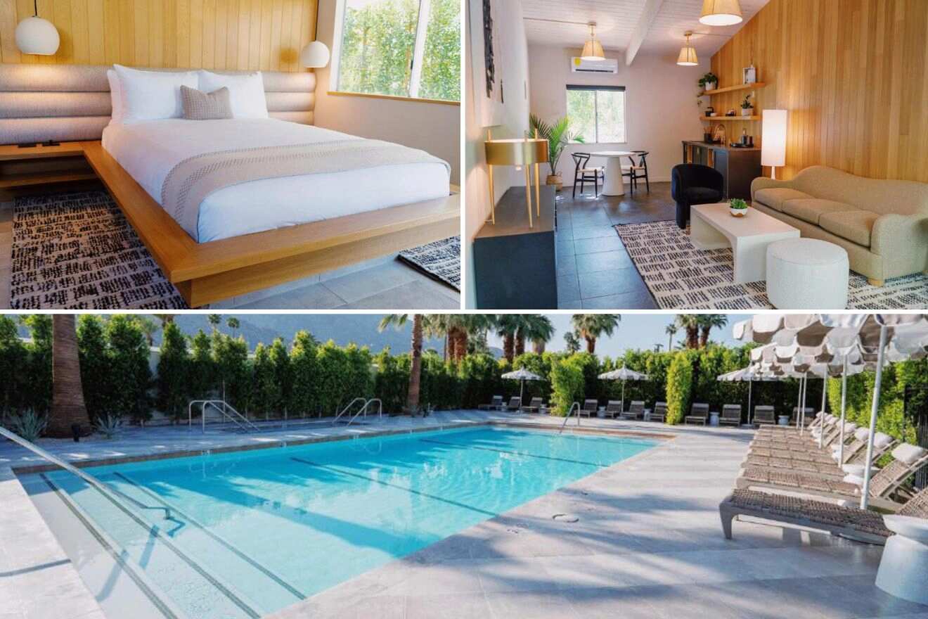 Collage of three hotel pictures: bedroom, living room, and outdoor pool