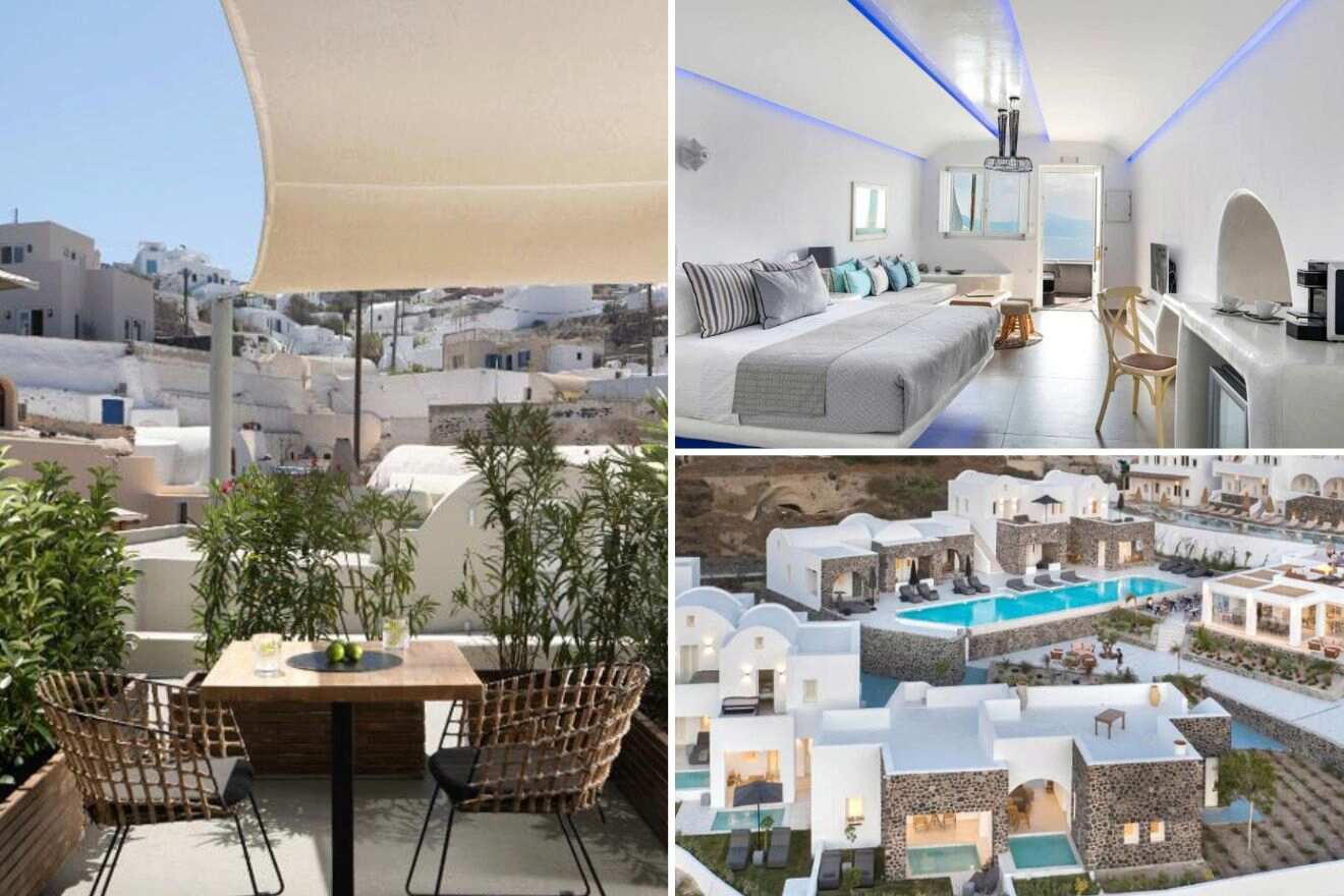 collage with bedroom, hotel view with swimming pool and terrace sitting area