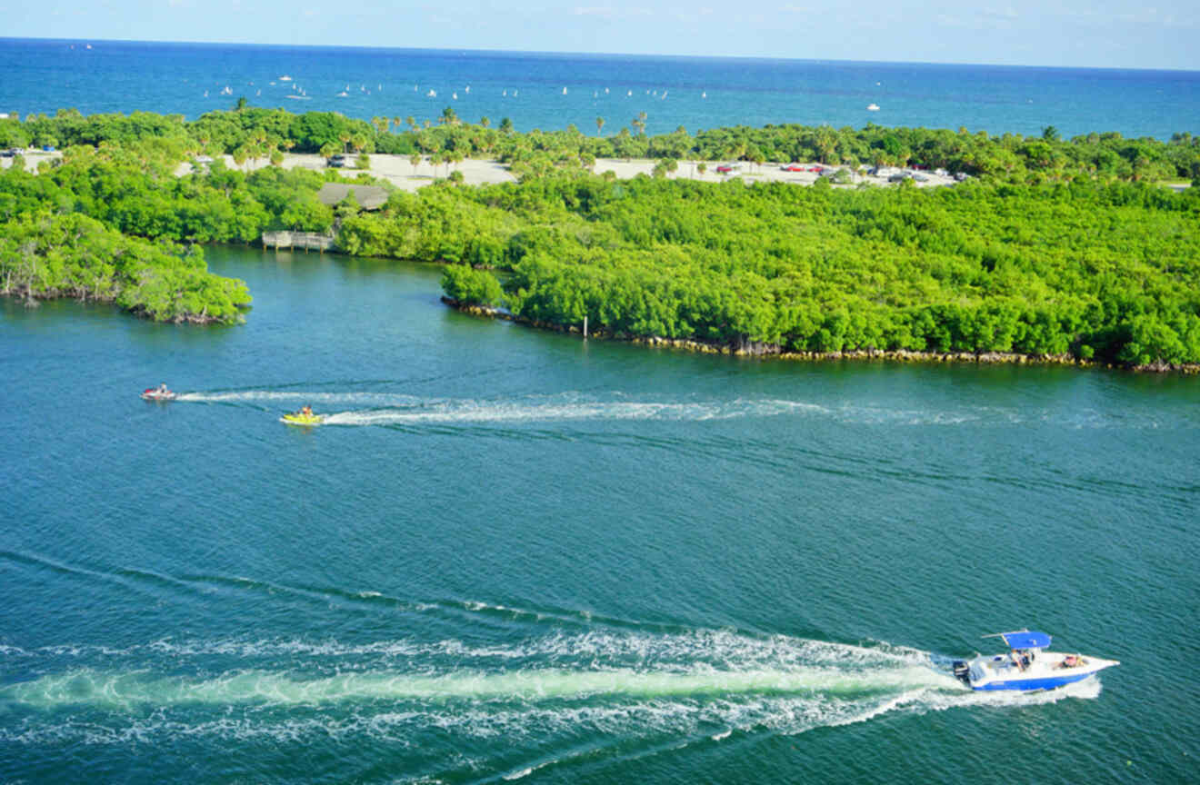 aerial view of johnson state park and boats around it