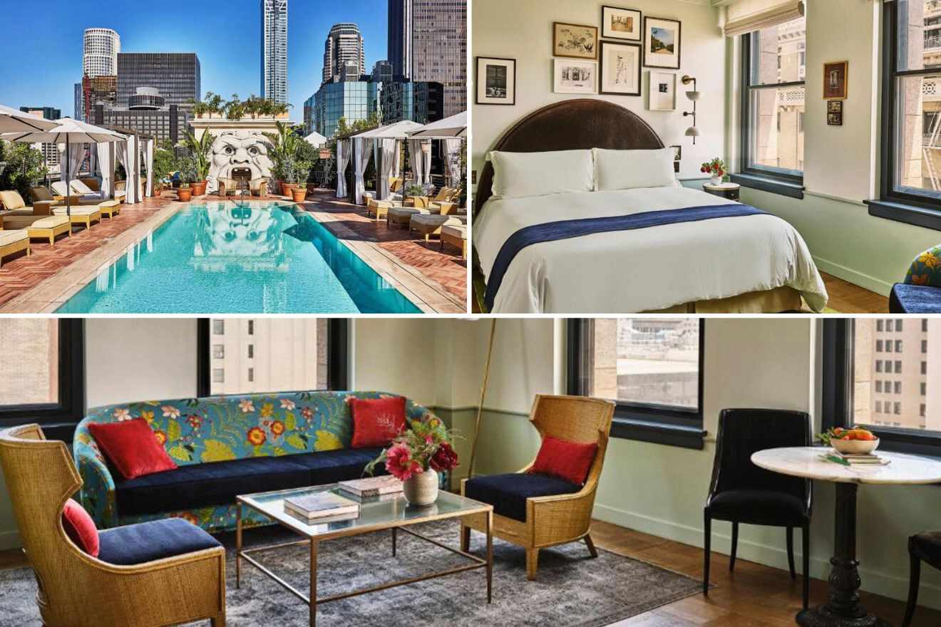 Collage of three hotel pictures: outdoor pool, bedroom, and living room