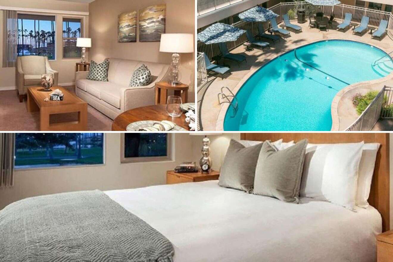 Collage of three hotel pictures: living room, outdoor pool, and bedroom