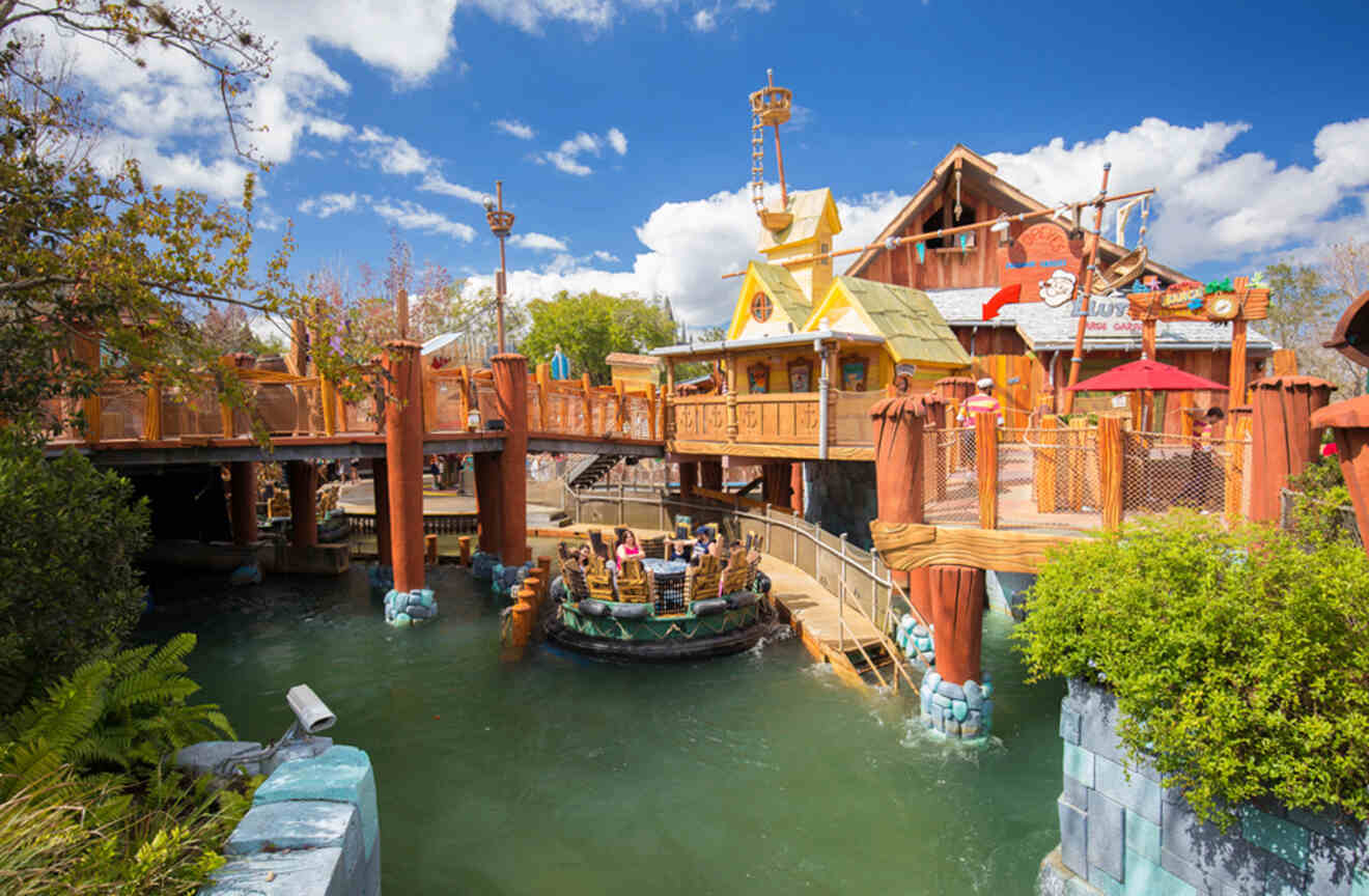 People riding on the Popeye & Bluto's Bilge-Rat Barges raft water ride