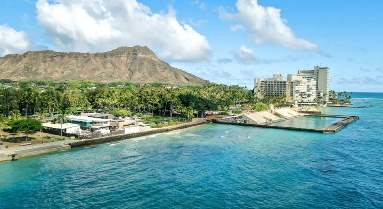 Aerial view of Diamond Head and Natatorium War Memorial in Honolulu Hawaii