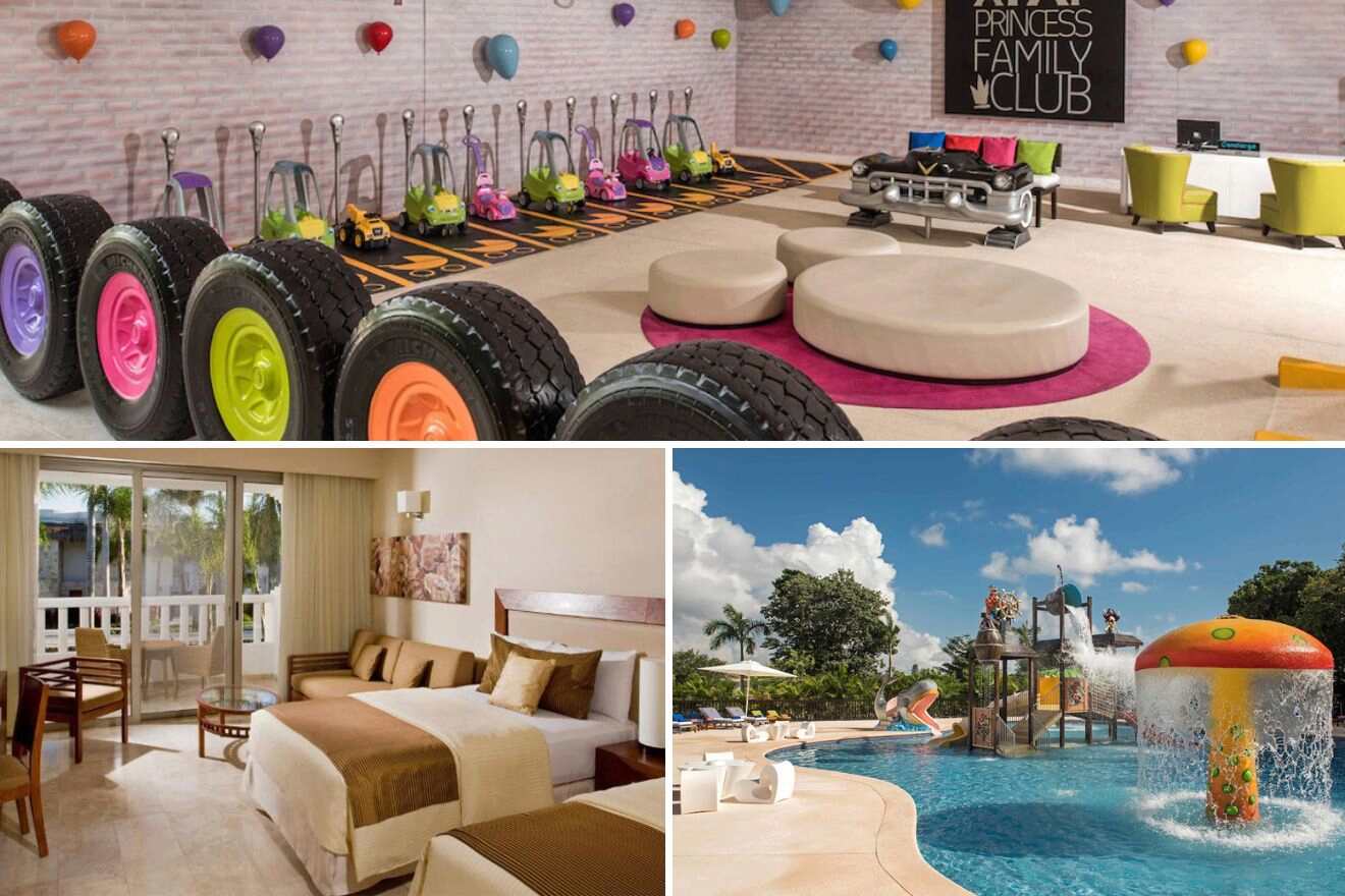 Collage of three hotel pictures: kids play area, bedroom, and kids waterpark