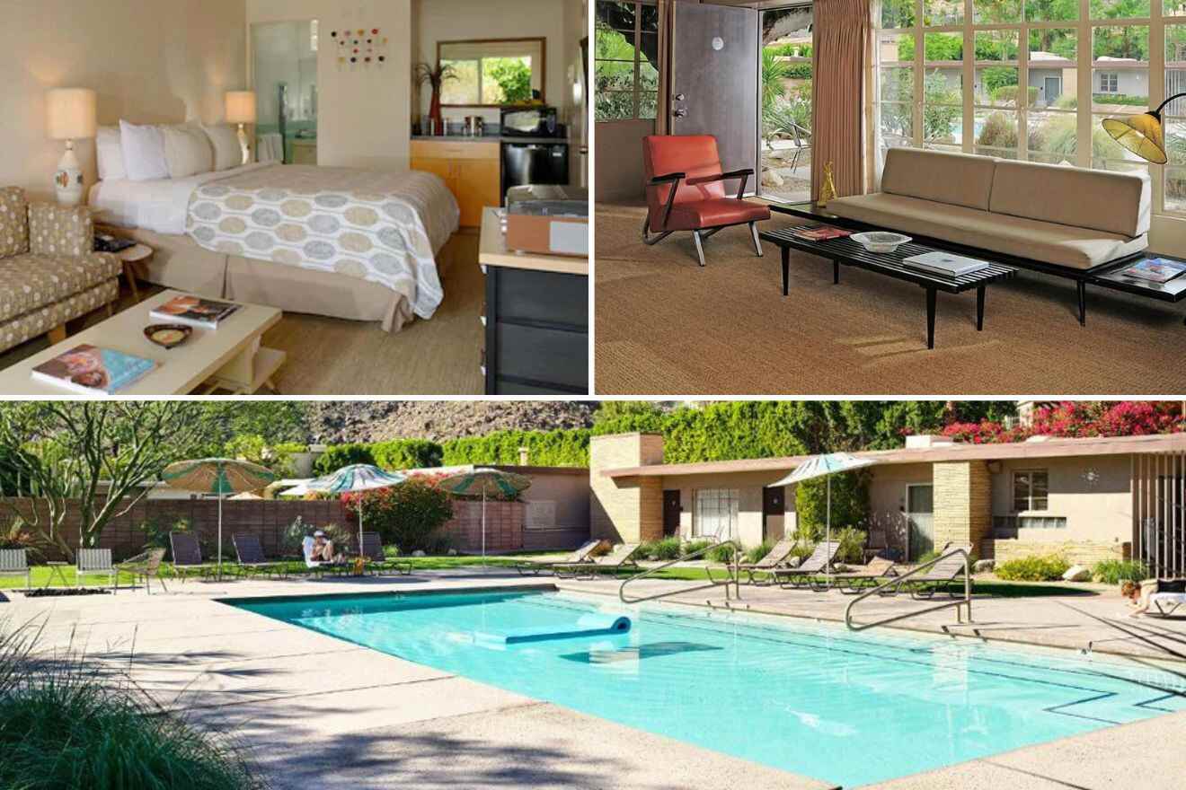 Collage of three hotel pictures: bedroom, living room, and outdoor pool