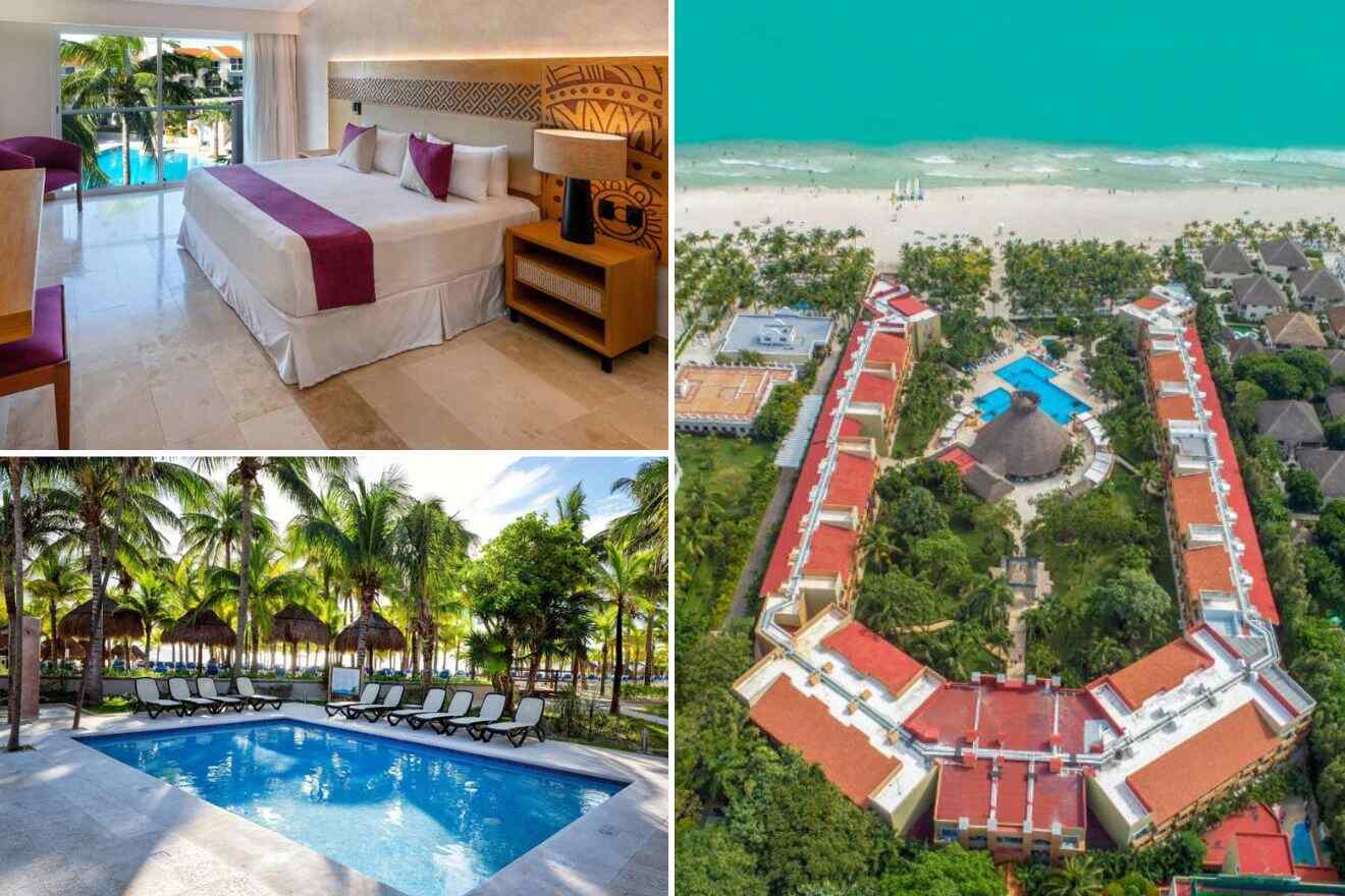 Collage of three hotel pictures: bedroom, outdoor pool, and aerial view of the hotel