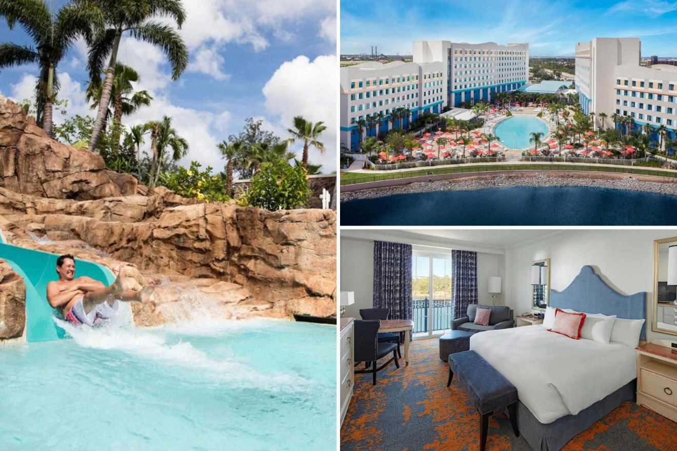 A collage of three hotel photos: water slide, aerial view of hotel, and bedroom