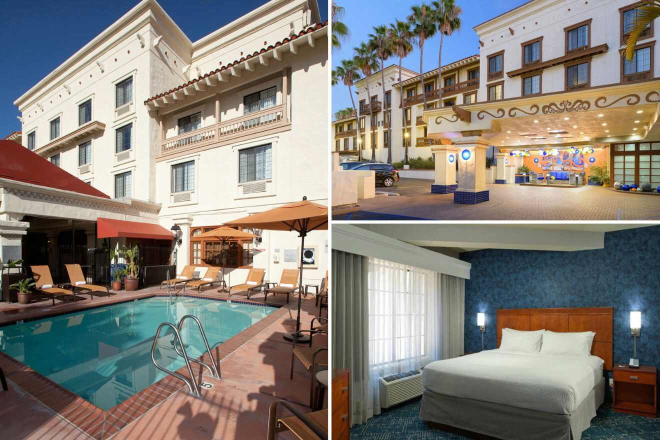 Collage of three hotel pictures: outdoor pool, hotel exterior, and bedroom