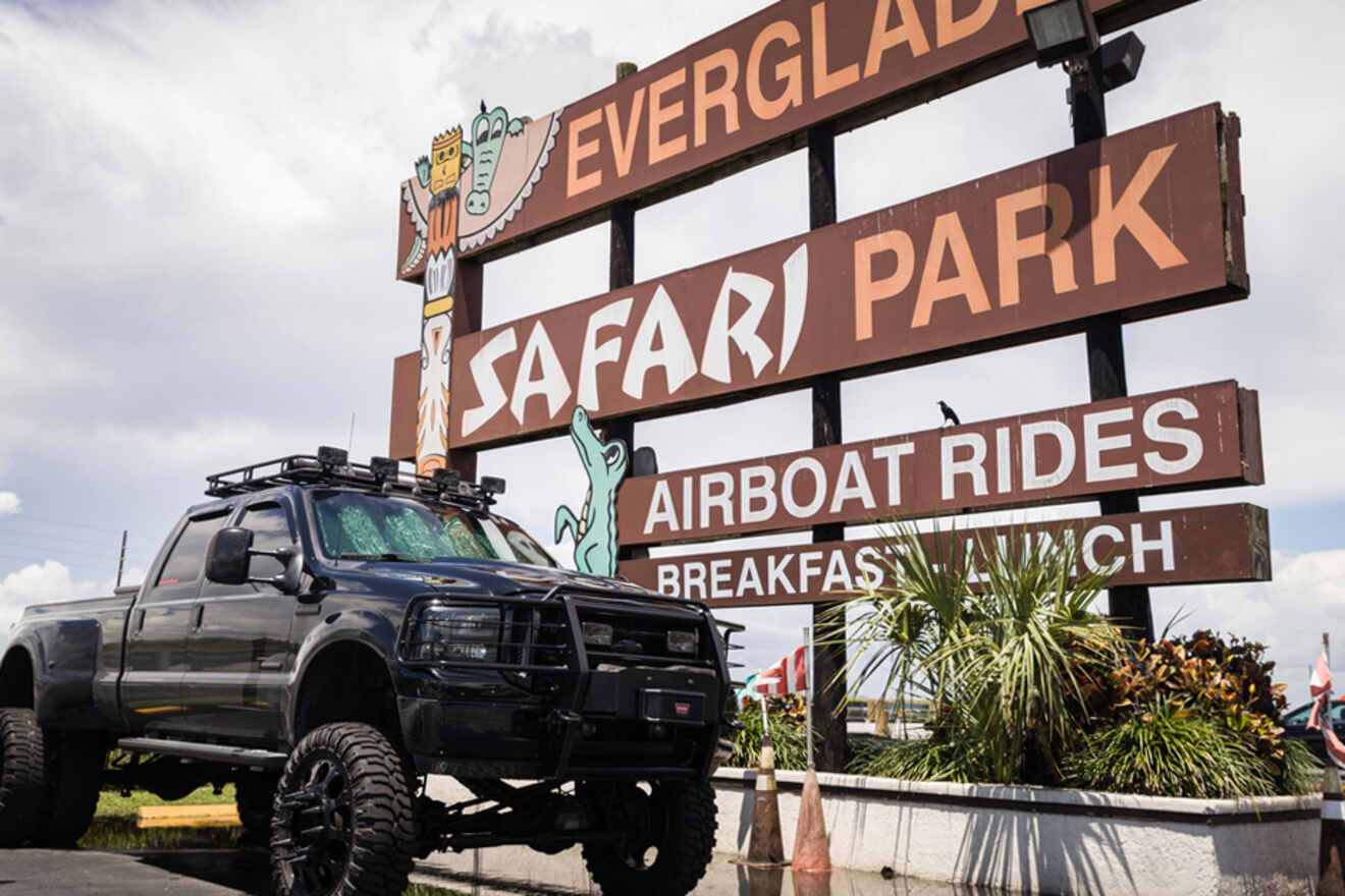 4X4 vehicle next to an Everglades Safari Park sign