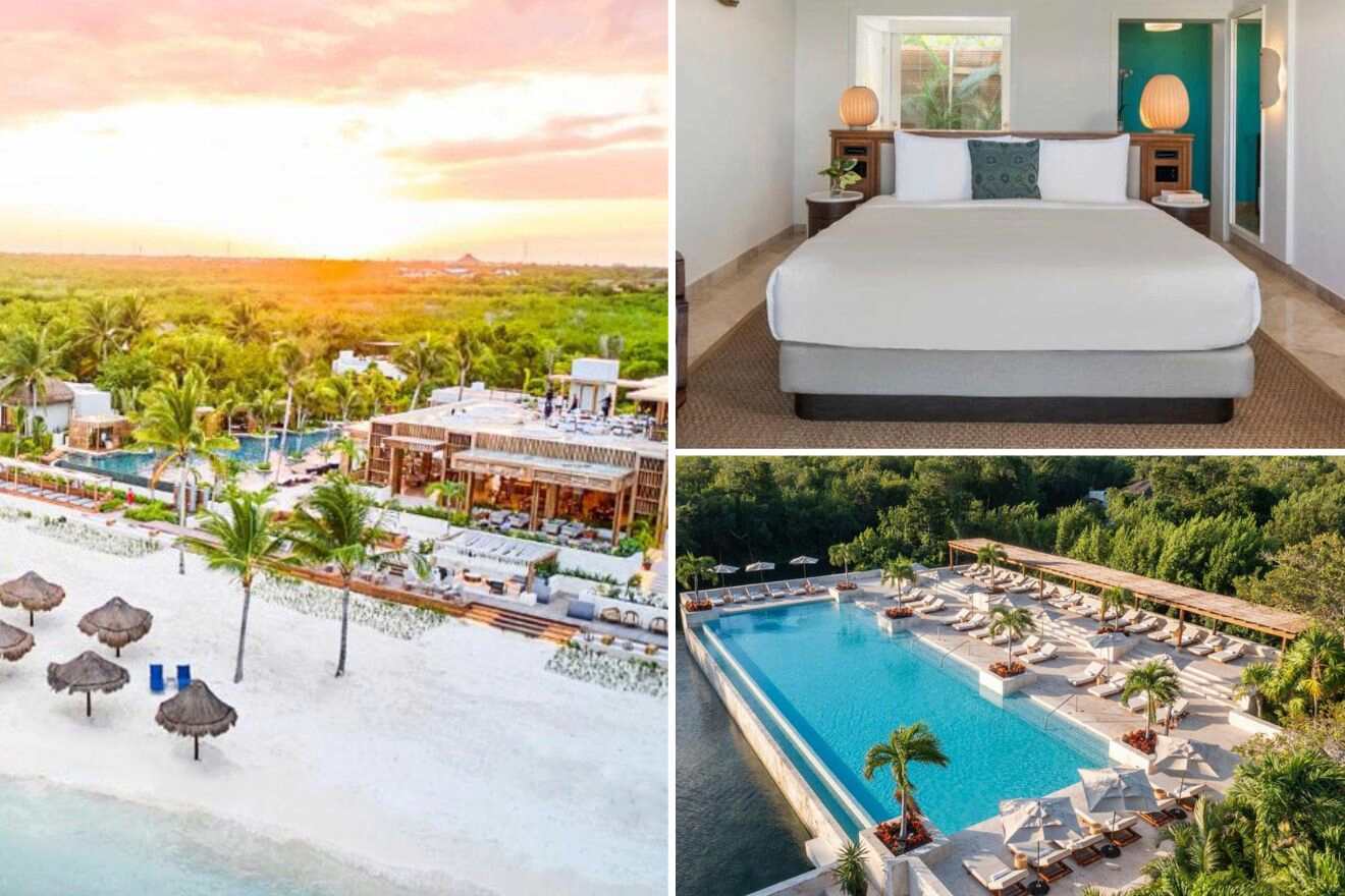 Collage of three hotel pictures: Aerial view of the resort, bedroom, and aerial view of outdoor pool