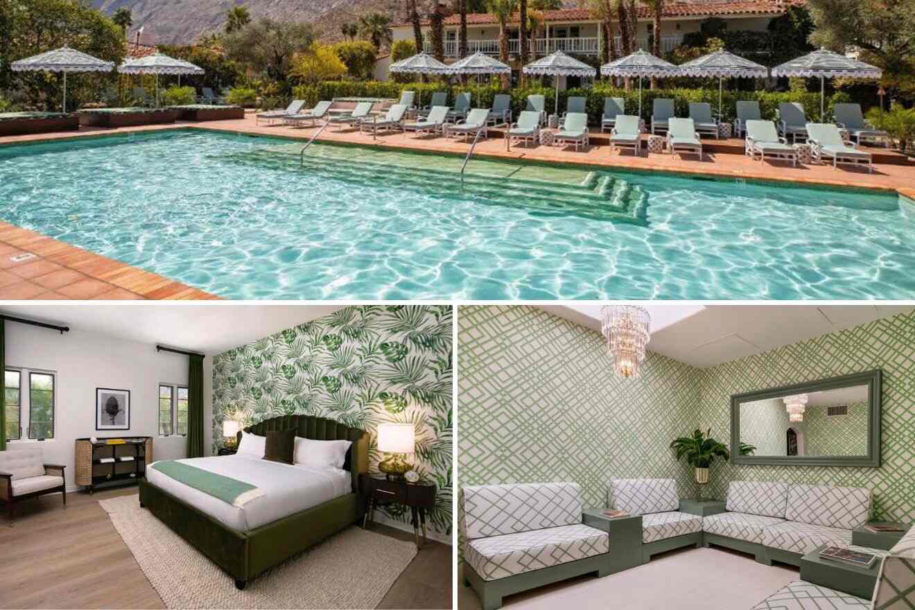 Collage of three hotel pictures: outdoor pool, bedroom, and living room