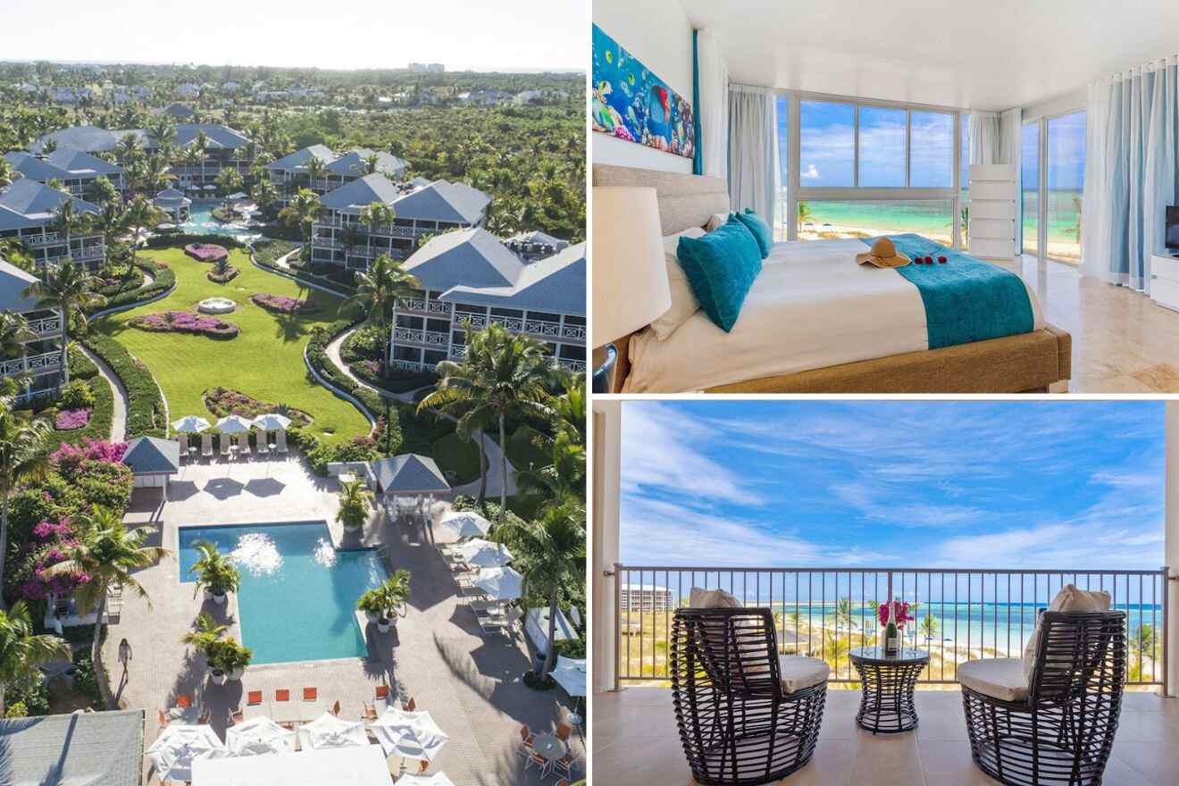 photo collage with aerial view of the resort, terrace and bedroom