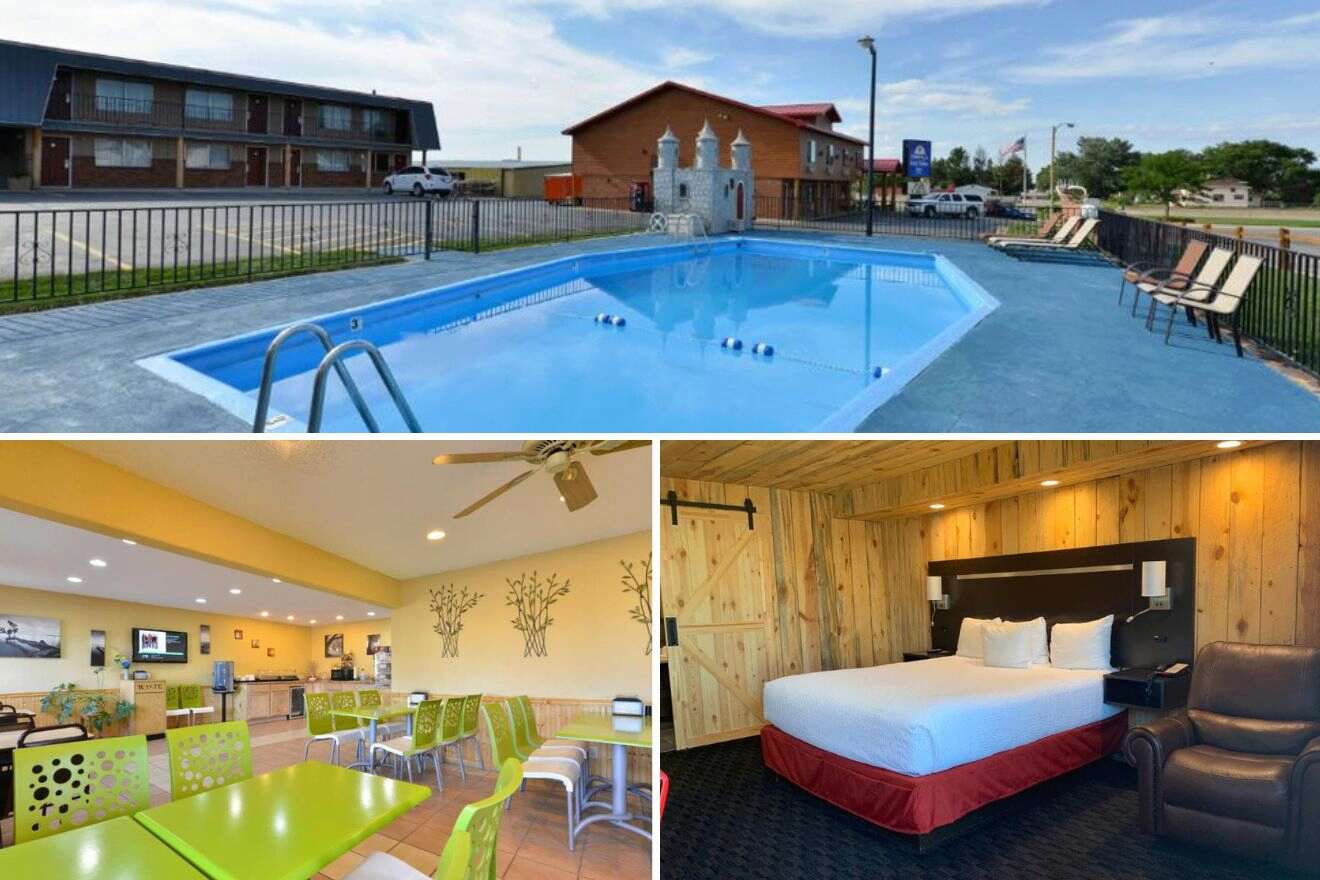 photo collage with swimming pool, dining room and bedroom