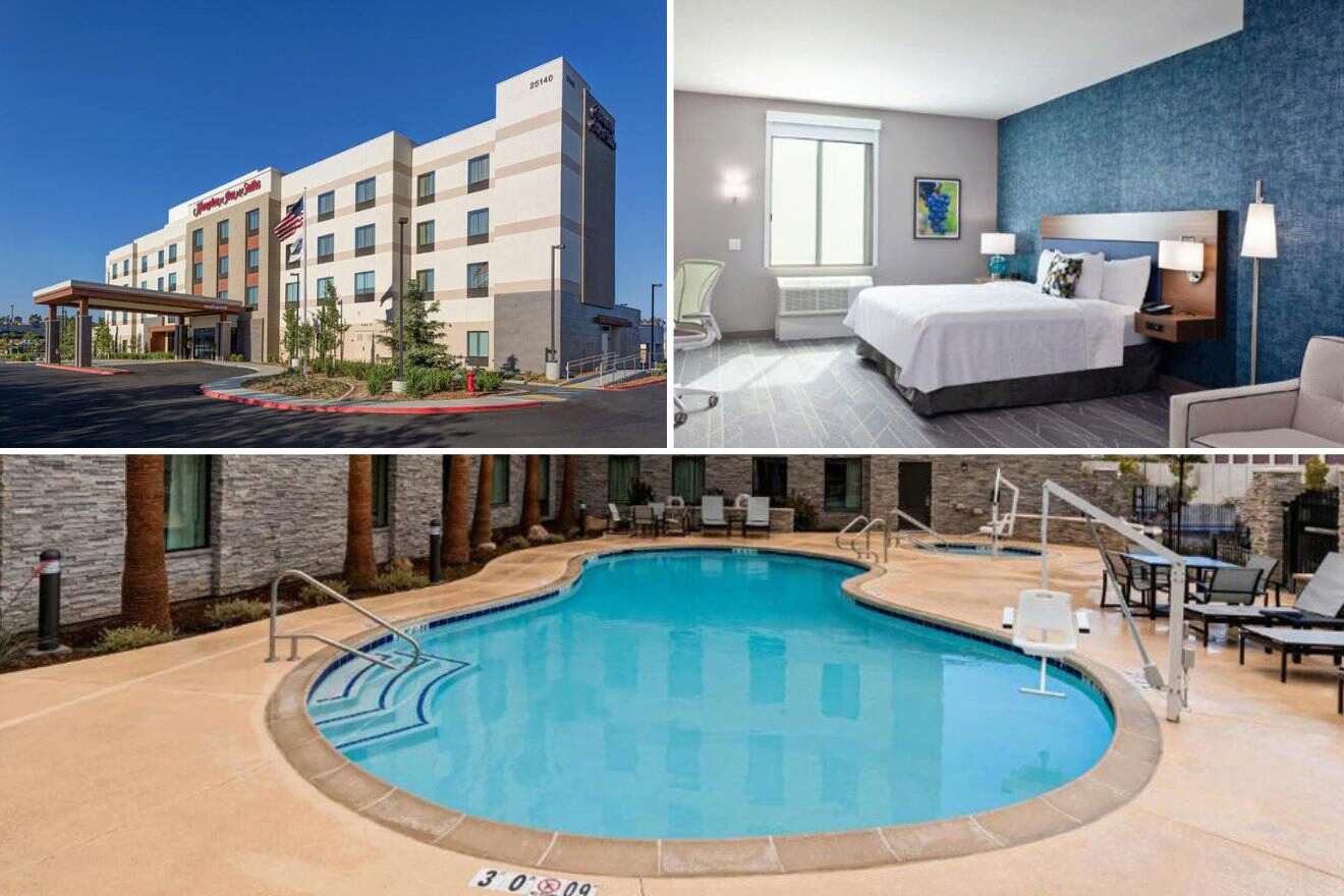 Collage of three hotel pictures: hotel exterior, bedroom, and outdoor pool