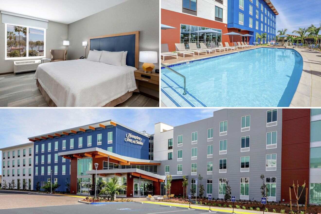 Collage of three hotel pictures: bedroom, outdoor pool, and hotel exterior