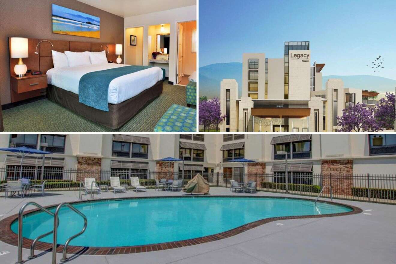 Collage of three hotel pictures: bedroom, hotel exterior, and outdoor pool