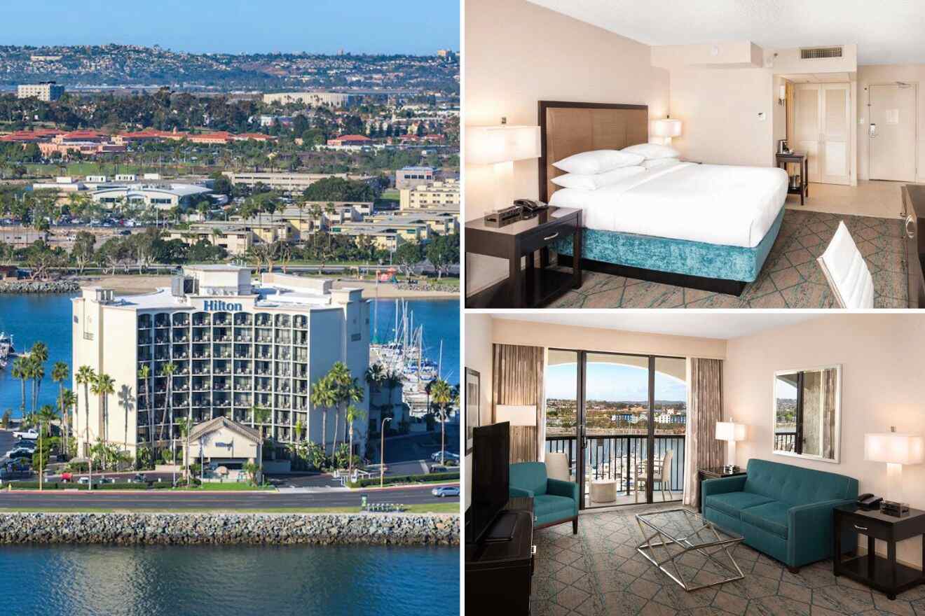 Collage of three hotel pictures: aerial view of hotel, bedroom, and living room with balcony