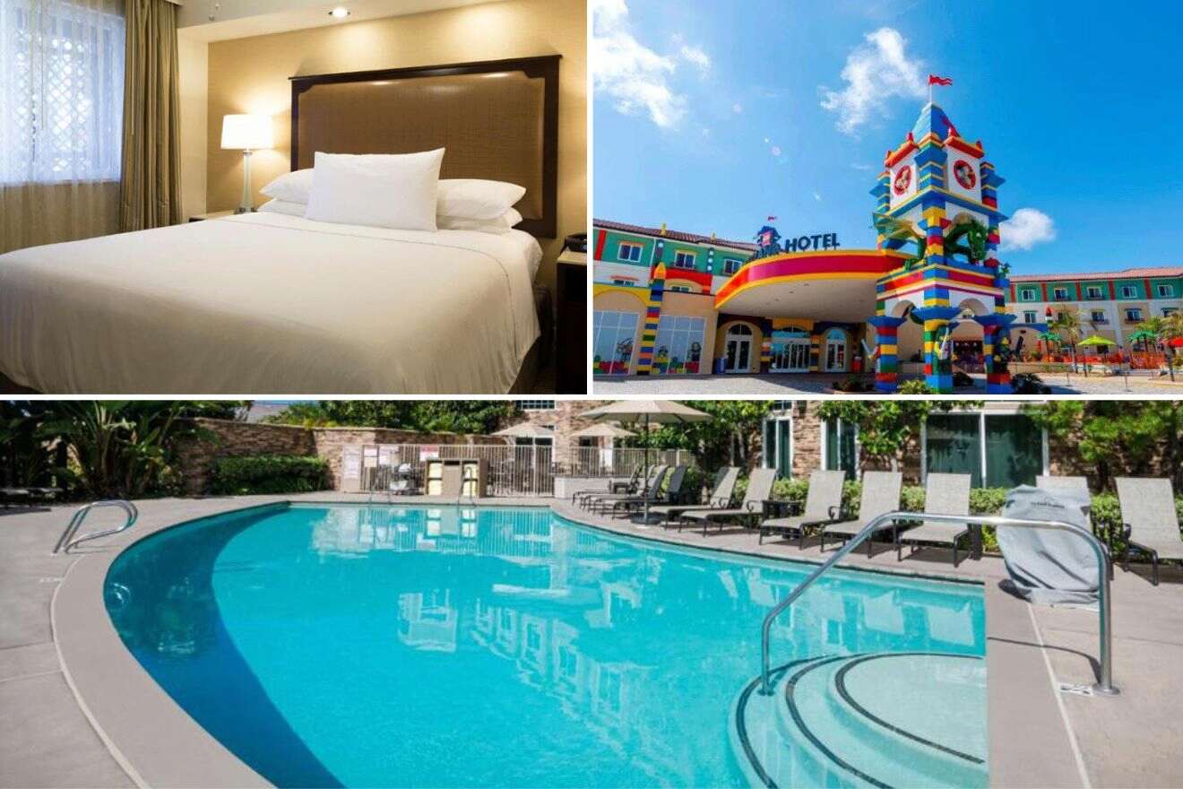 Collage of three hotel pictures: bedroom, hotel exterior, and outdoor pool