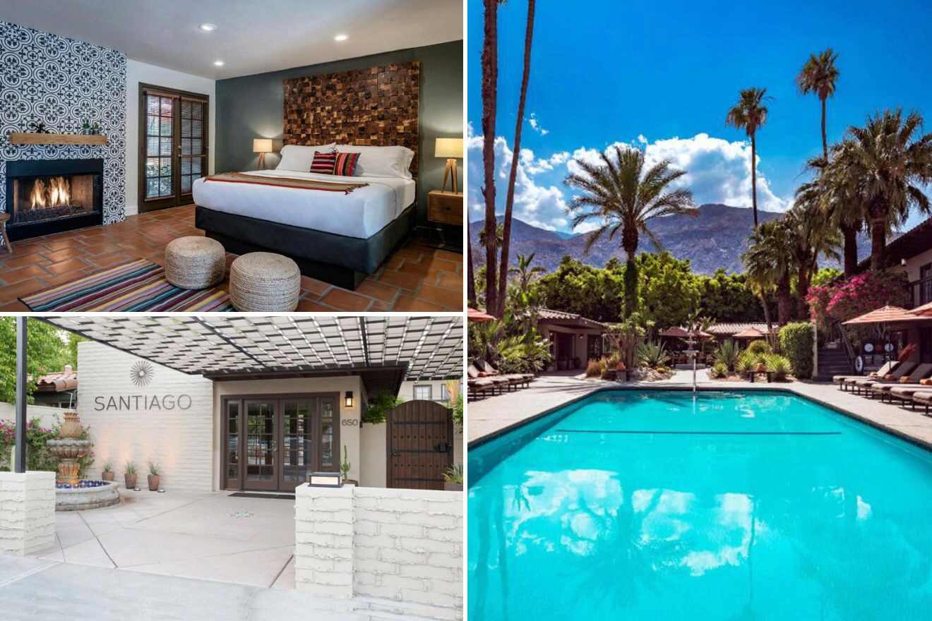 Collage of three hotel pictures: bedroom, hotel entrance, and outdoor pool